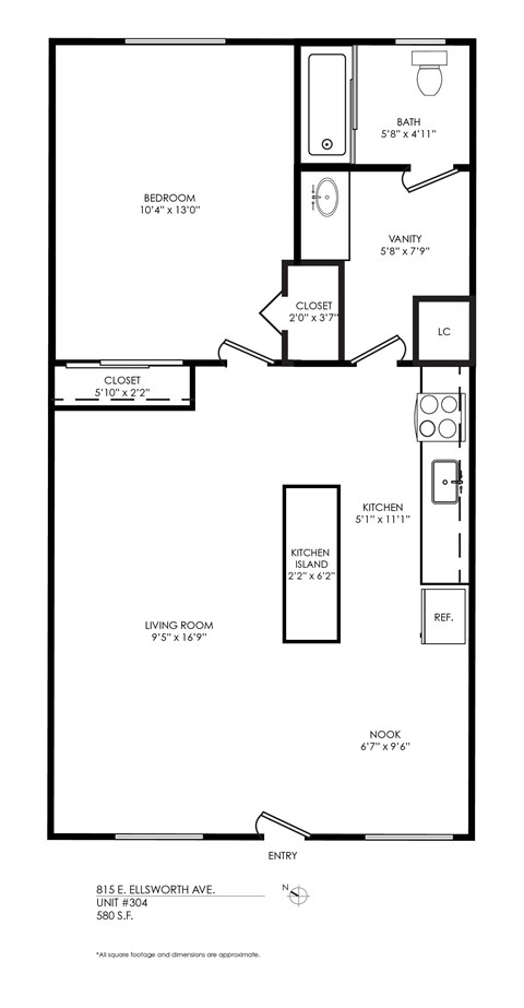 A floor plan of an apartment with a living room, kitchen, bathroom, bedroom and closet.